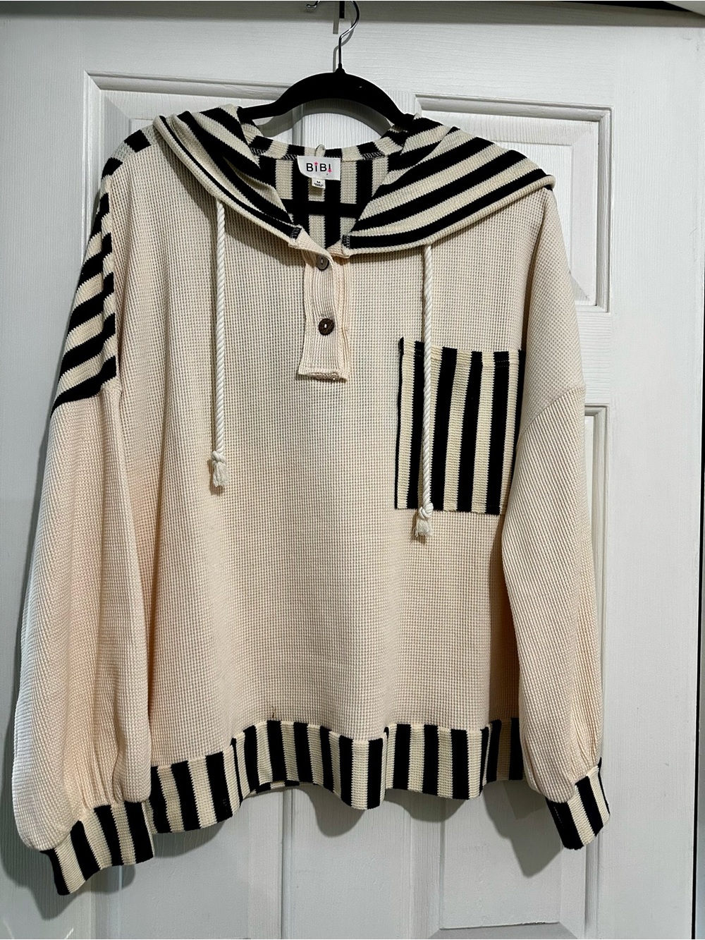 BiBi Black and Cream Striped Waffle Knit Hoodie